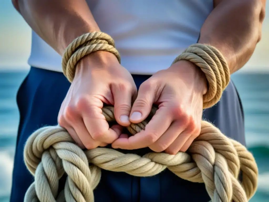 Las manos de un marinero experto en nudos marineros, destacando la importancia de aprender esta habilidad para la supervivencia en el mar