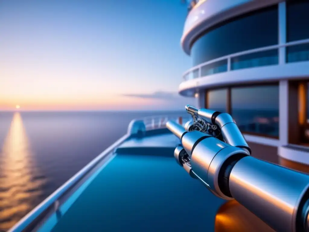 Mantenimiento robótico en cruceros marítimos: brazo mecánico puliendo un barco elegante bajo la luz de la luna en el mar tranquilo