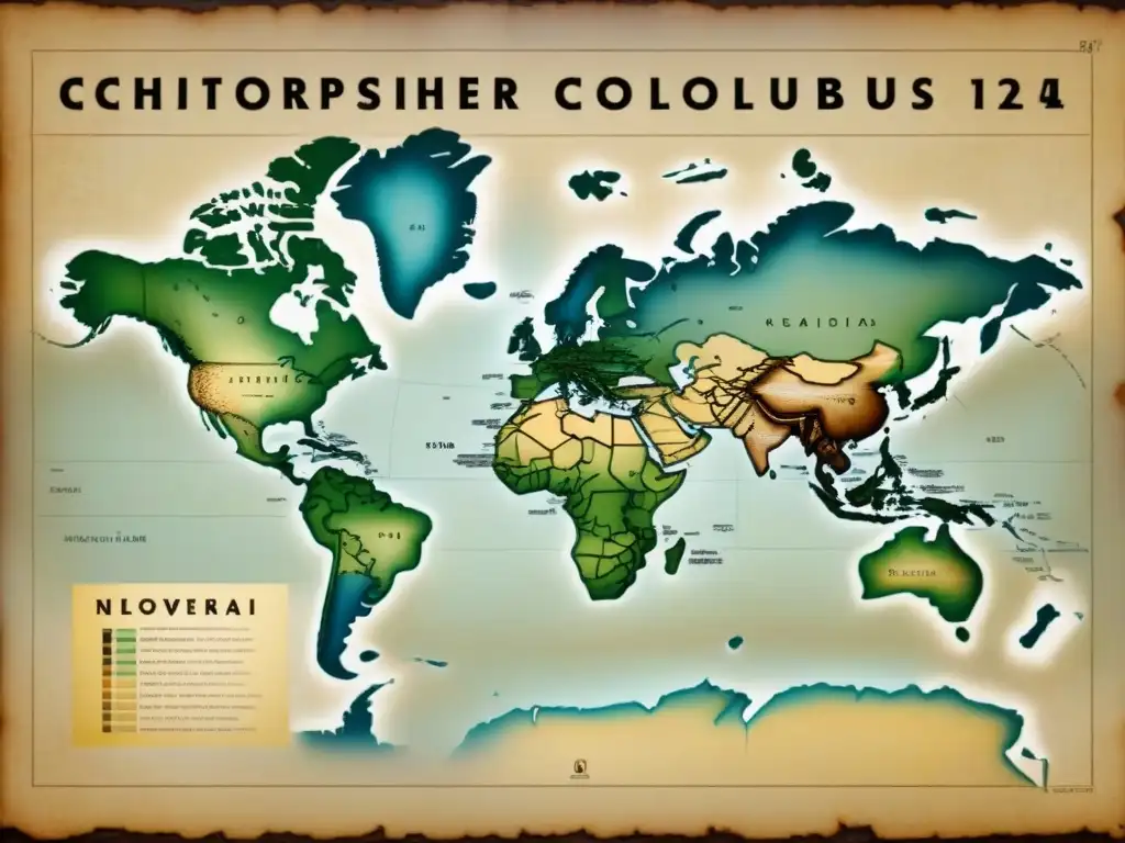 Un mapa antiguo y desgastado que muestra los viajes de Cristóbal Colón, resaltando su legado histórico y la dualidad entre mito y realidad