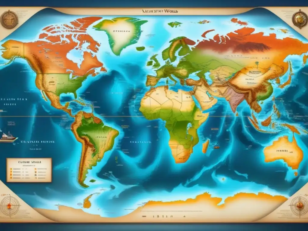 Mapa antiguo detallado en 8k mostrando rutas de exploración marítima históricas de famosos exploradores