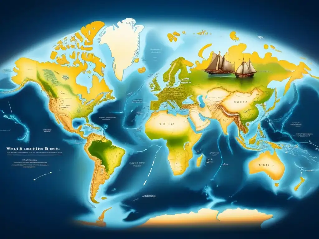 Un mapa detallado y minimalista de rutas marítimas que cambiaron el mundo, trazadas en sutiles tonos de azul por famosos exploradores