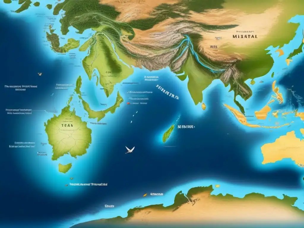 Mapa detallado de rutas marítimas té oriente occidente con ilustraciones de hojas de té, barcos y puertos, sobre fondo azul sereno