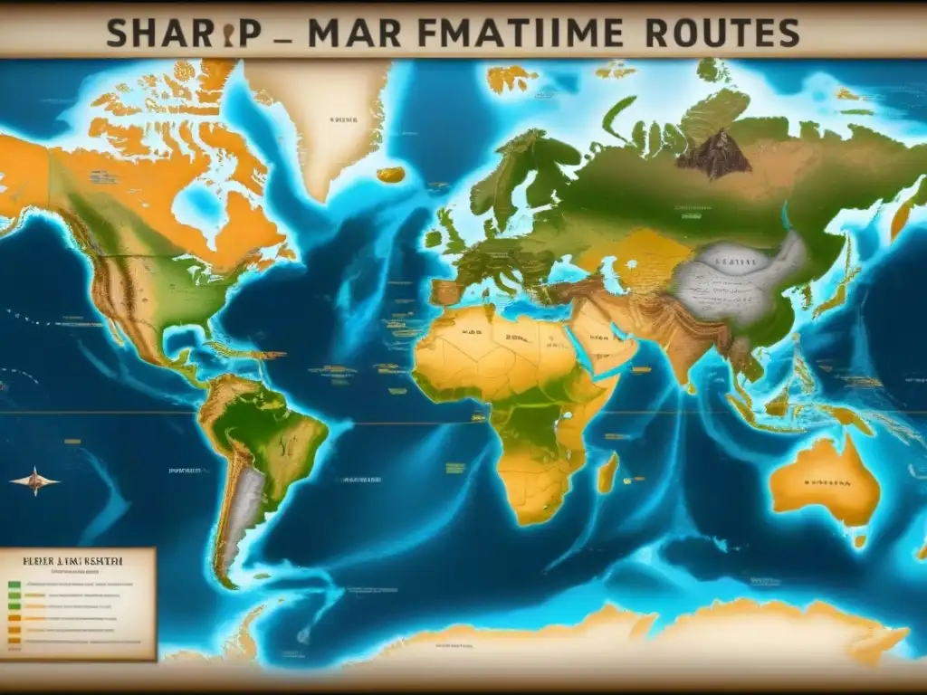 Mapa detallado de rutas marítimas antiguas y modernas con tonos sepia y metálicos, destacando la evolución de la navegación