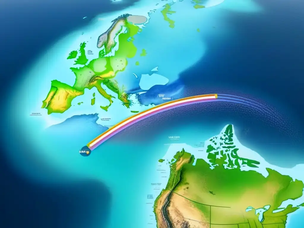 Mapa digital futurista de rutas marítimas con marcadores de interés, en un fondo oceánico sereno