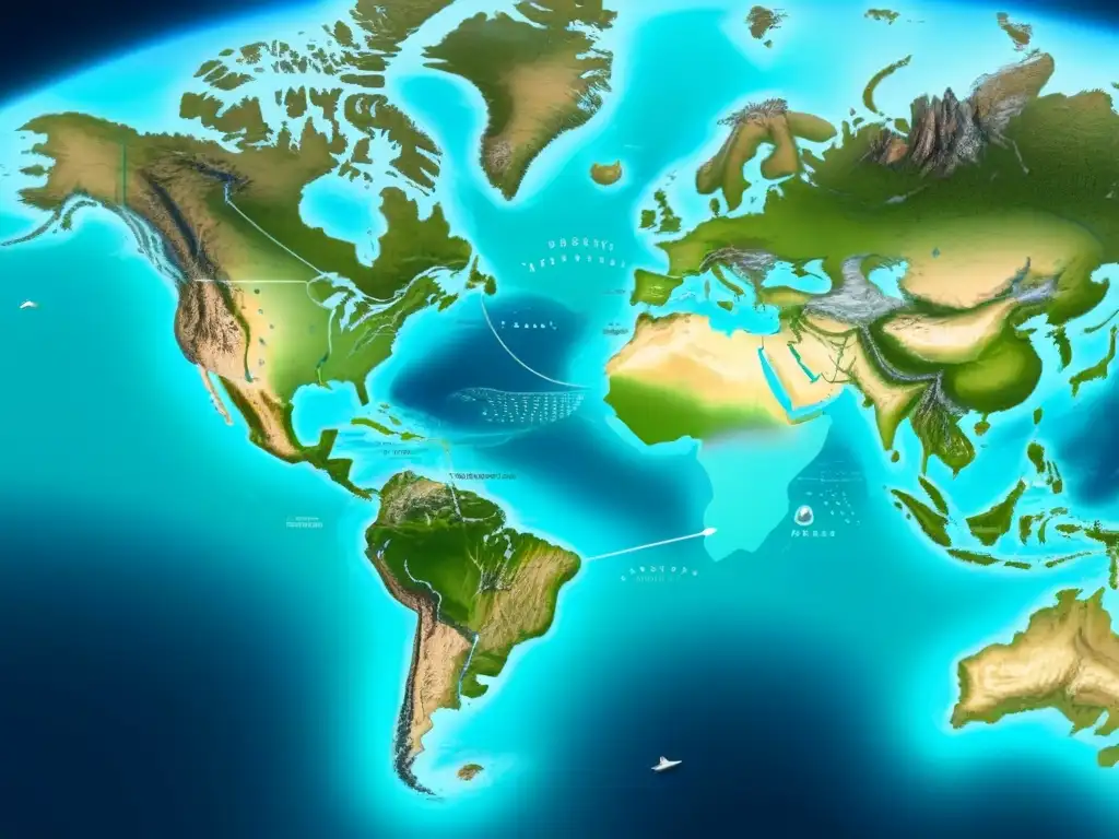 Mapa digital minimalista de una travesía en crucero por aguas turquesa, con islas tropicales