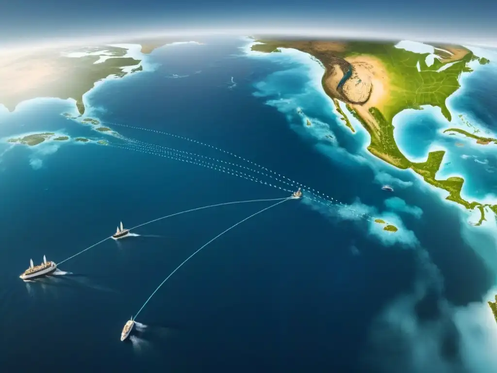 Un mapa estilizado del Atlántico con rutas de comercio de esclavos y simbología en tonos monocromáticos