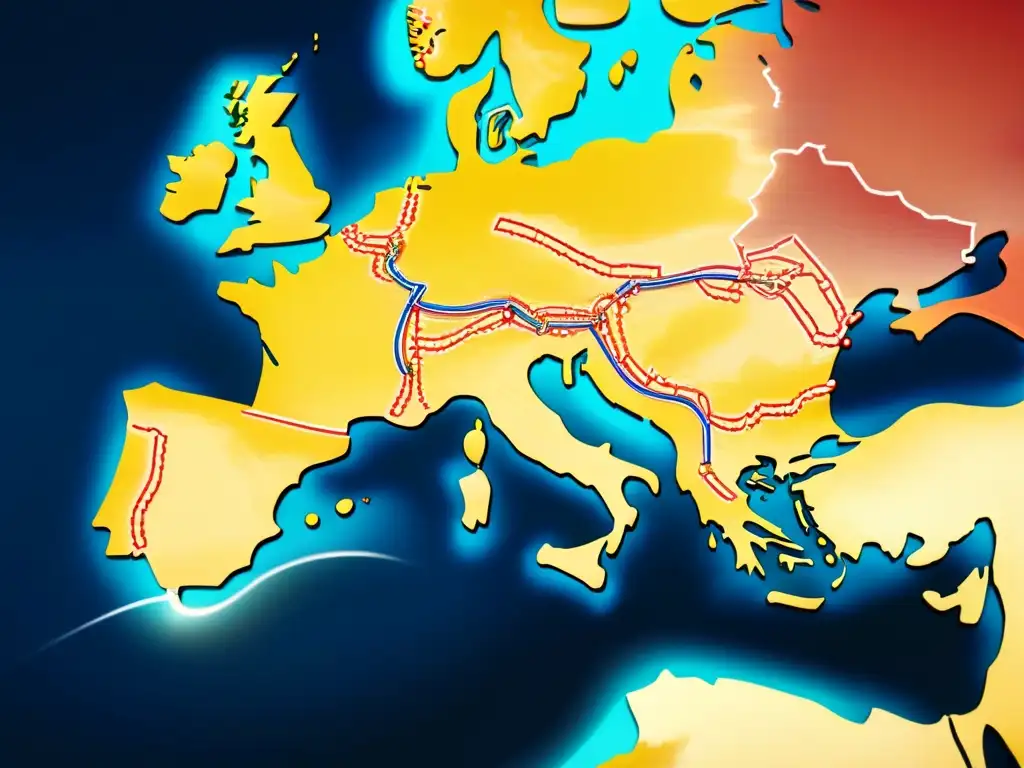 Un mapa minimalista de las rutas marítimas antiguas griegas en tonos azules, rojos y tierra