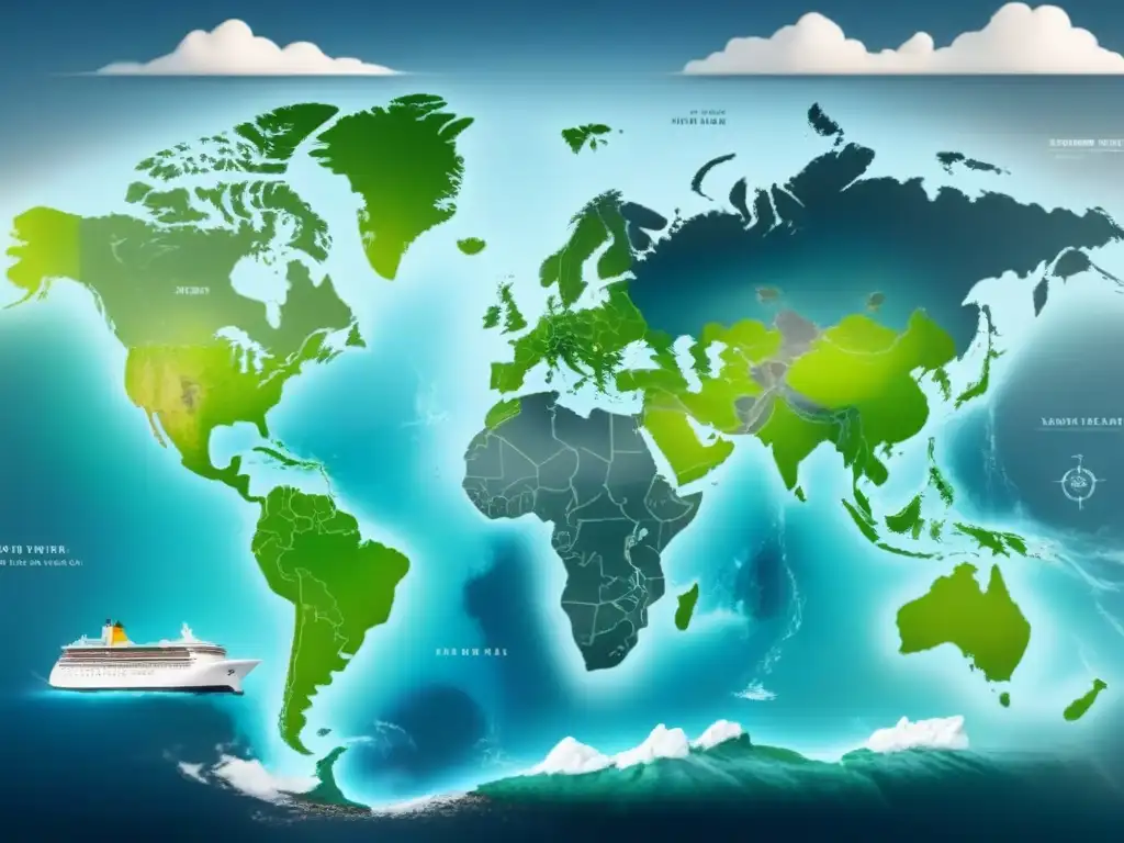 Mapa mundial de rutas de crucero con símbolos de cambio climático en tonos azules y verdes