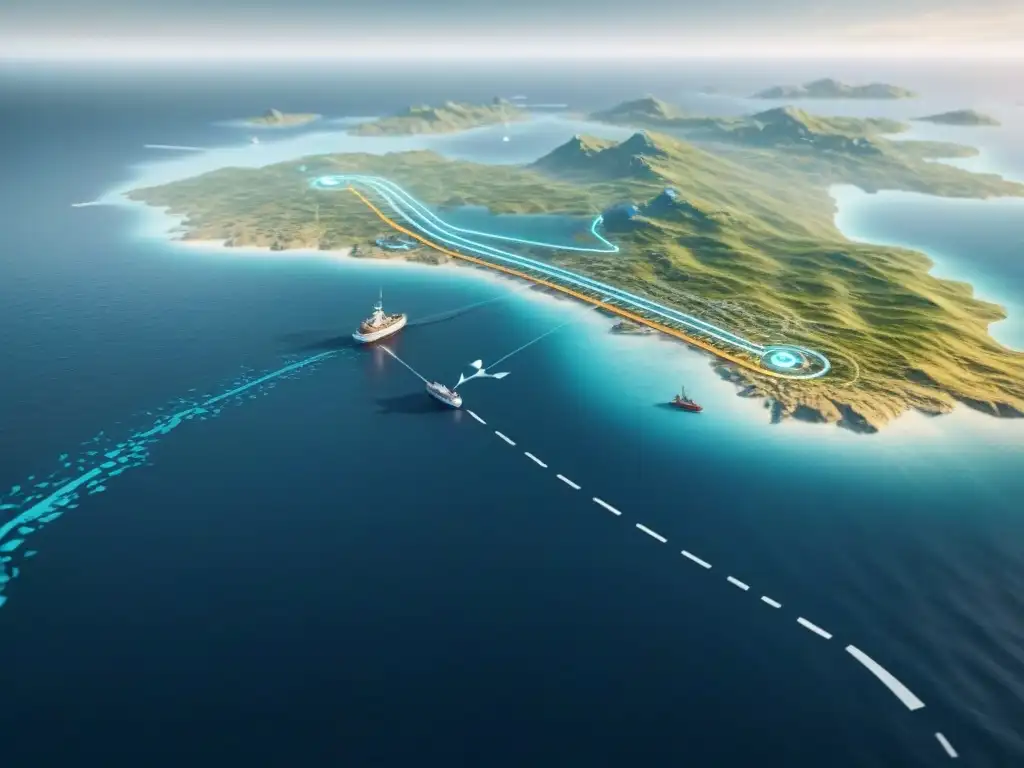 Mapa náutico digital futurista con tecnología avanzada mostrando rutas marítimas y datos con precisión