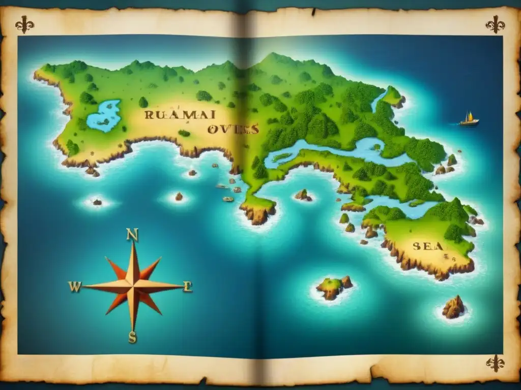 Un mapa del tesoro antiguo y desgastado, con rutas marítimas contrabando secretas y misteriosos símbolos