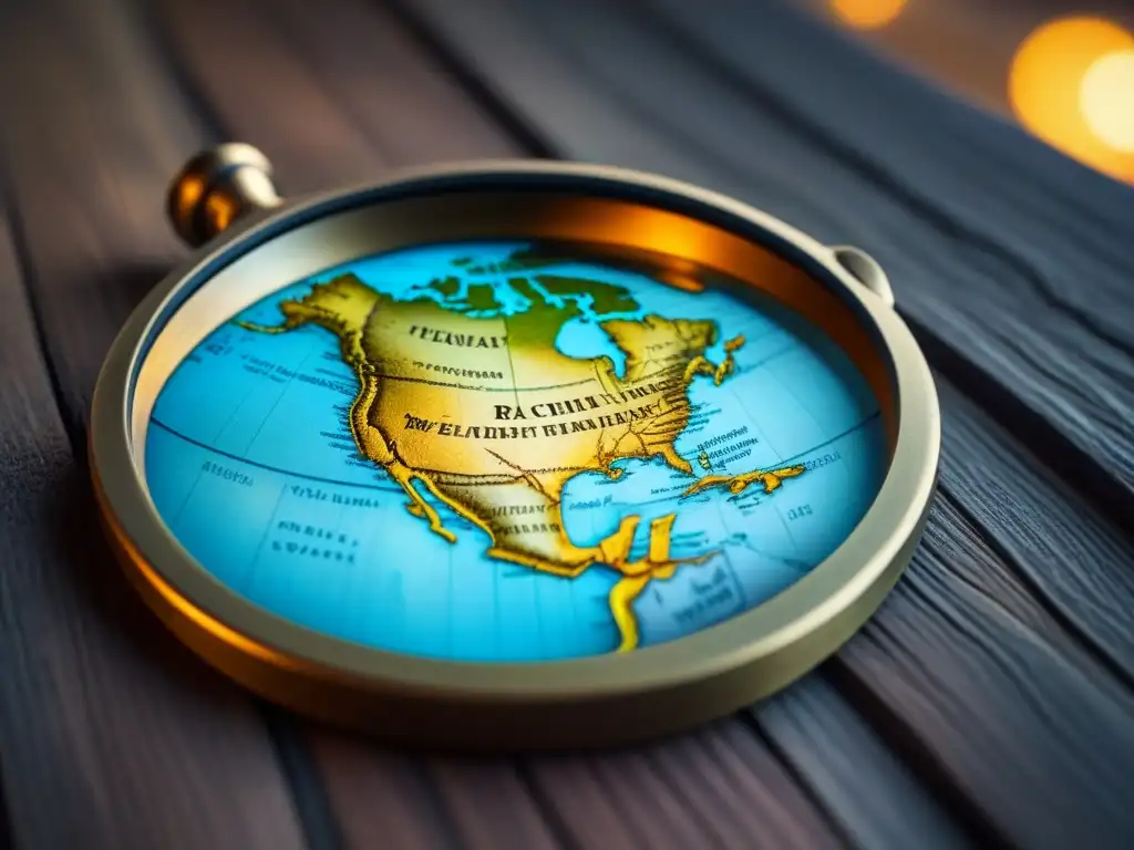 Un mapa del tesoro antiguo sobre una mesa de madera, iluminado por luz dorada, revelando detalles de islas y símbolos, con una lupa encima