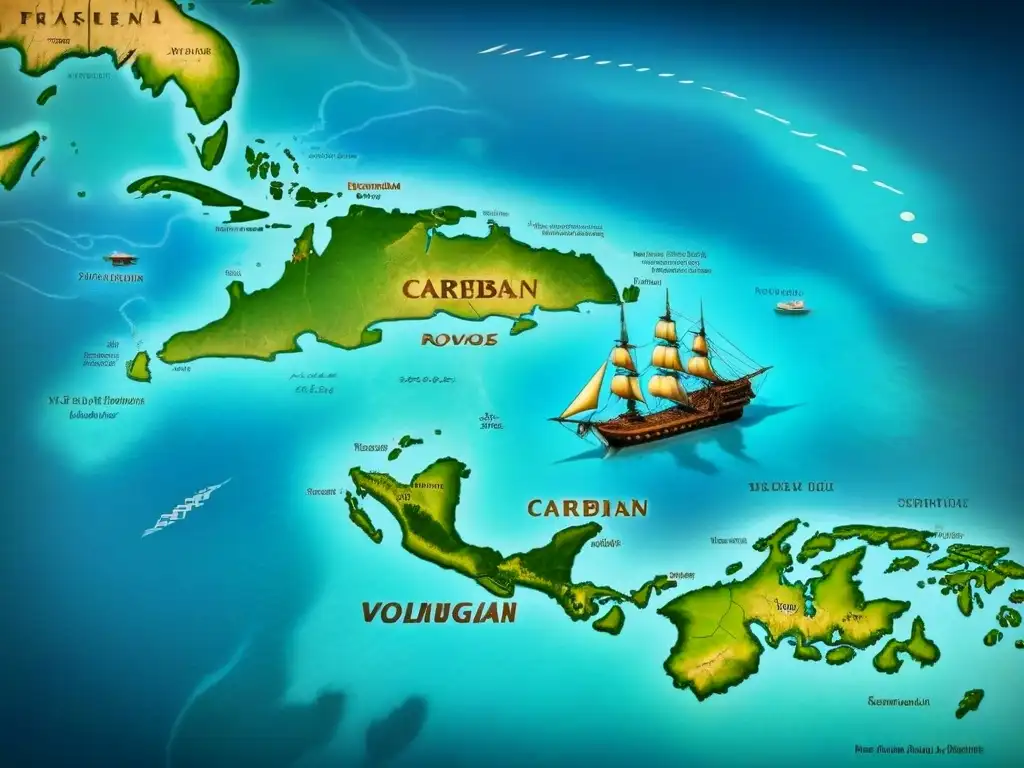 Mapa del tesoro del Caribe en la época dorada de las rutas de piratería, detallado y envejecido