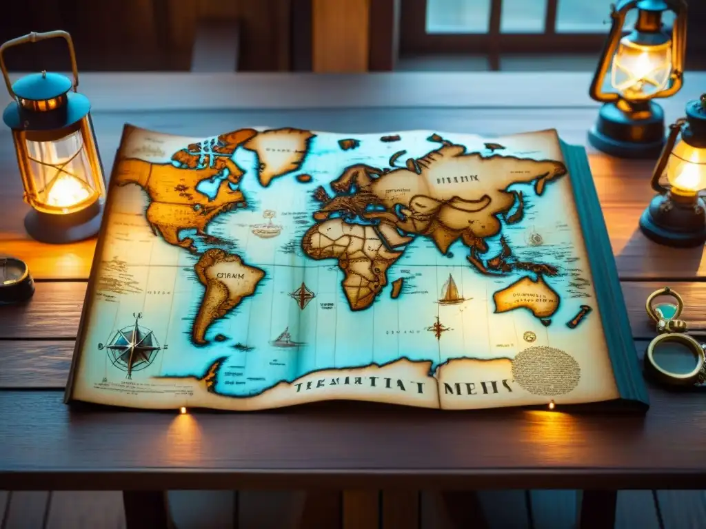 Mapa del tesoro en mesa de madera con brújulas y diario, iluminado por linterna