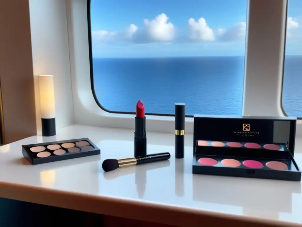 Maquillaje para crucero de lujo: Elegancia y sofisticación en un tocador blanco con productos de alta gama, iluminado por luz natural y vista al mar