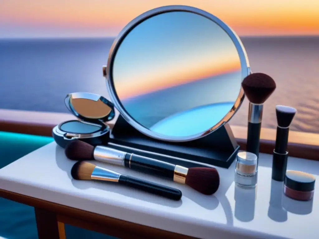 Maquillaje para crucero de lujo en mesa elegante con vista al mar al atardecer