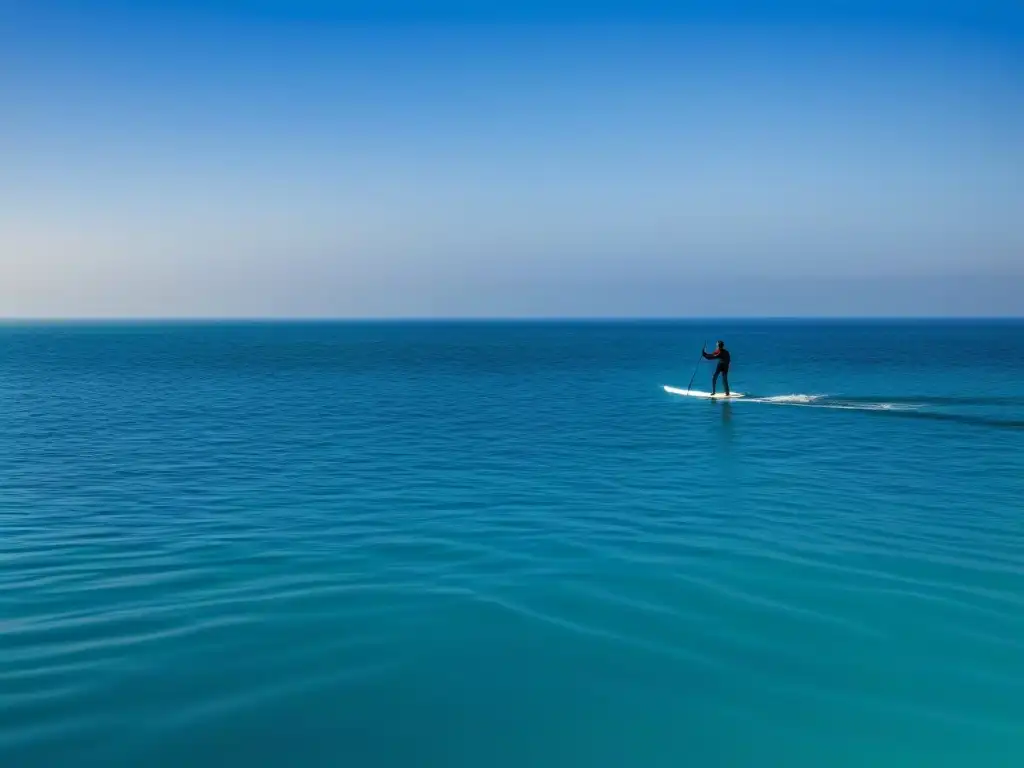 Paddleboarder navegando en mar abierto, transmitiendo serenidad y tranquilidad