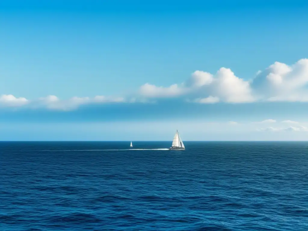 Un mar azul sereno con un velero a lo lejos, velas blancas ondeando suavemente