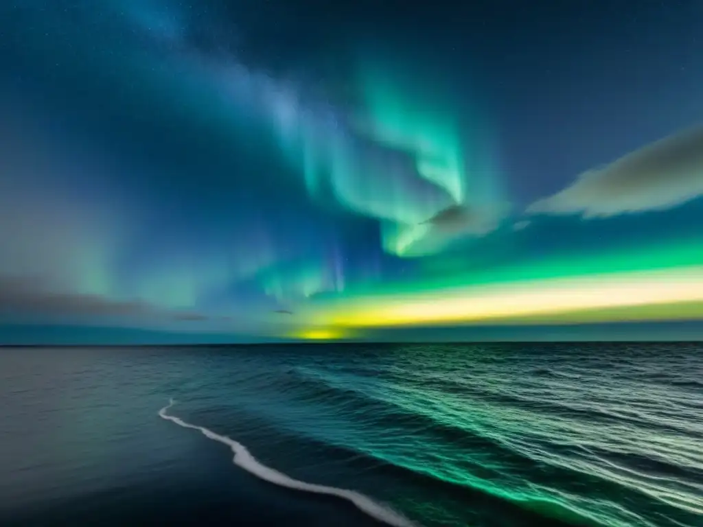 Un mar oscuro bajo el cielo estrellado en la noche polar, reflejando las auroras en crucero de exploración