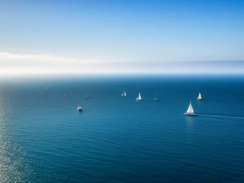 Un mar sereno y cristalino con veleros a lo lejos, reflejando la belleza y tranquilidad del mar, promoviendo la conservación marina en cruceros