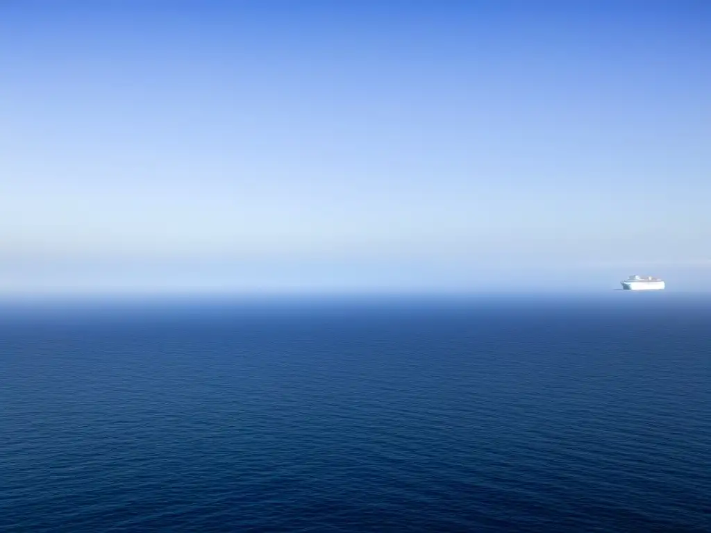 Un mar sereno con un crucero distante en aguas tranquilas y un cielo azul