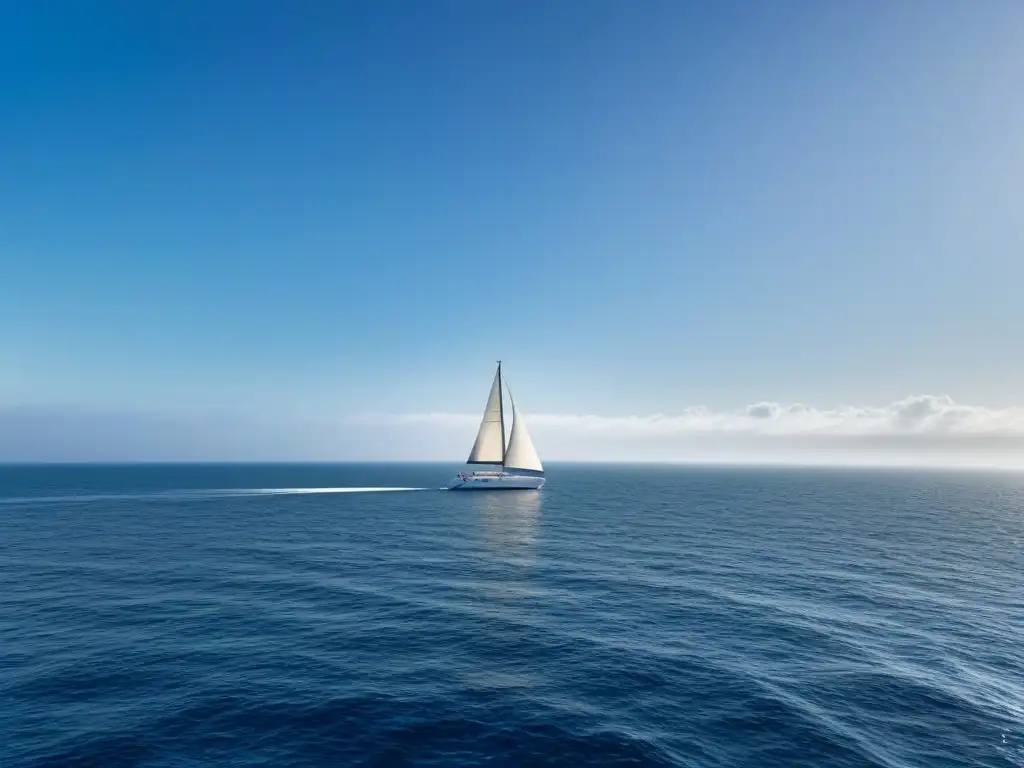 Un mar sereno y vasto con un velero solitario bajo el cielo azul, ideal para literatura marítima en cruceros