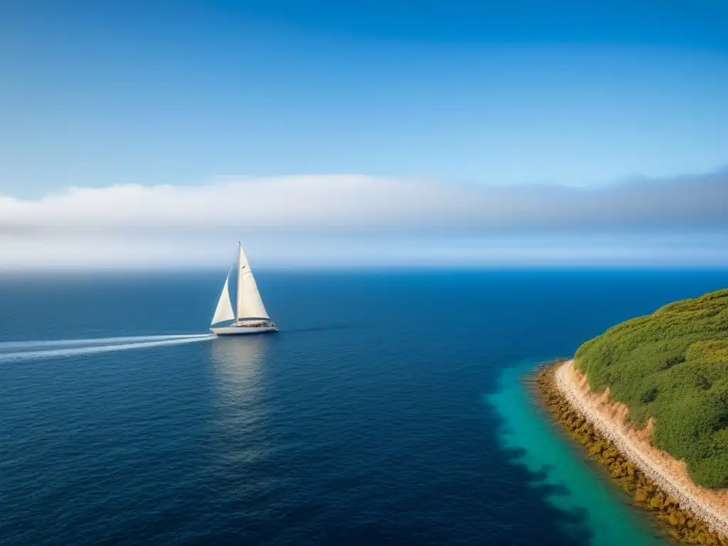 Un mar sereno y vasto con un velero en la distancia bajo un cielo azul