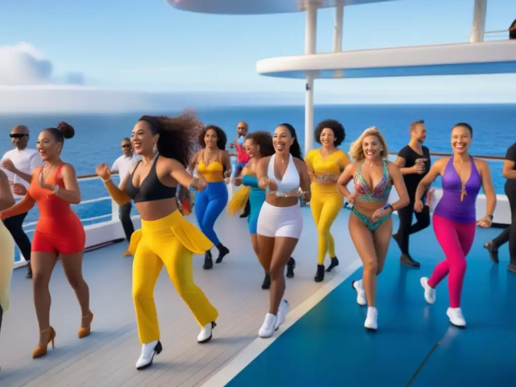 Maratones de baile en cruceros: Pasajeros coloridos bailan en cubierta, unidos por la música y la diversidad, con el mar de fondo