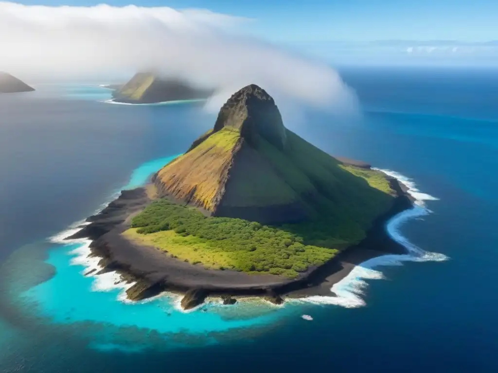 Maravillosa vista aérea minimalista de la emblemática Roca Pinnacle en las Islas Galápagos, rodeada de aguas turquesas cristalinas y vida marina