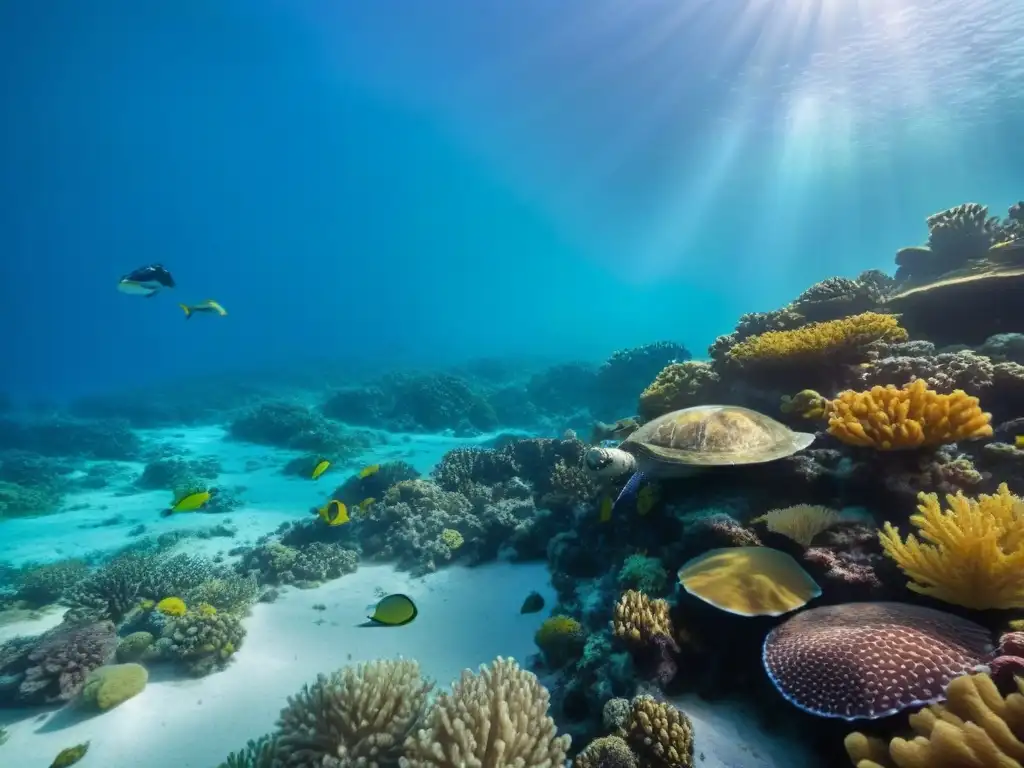 Maravilloso arrecife de coral con biodiversidad marina, peces coloridos y tortugas marinas bajo el agua cristalina, ideal para cruceros ecológicos