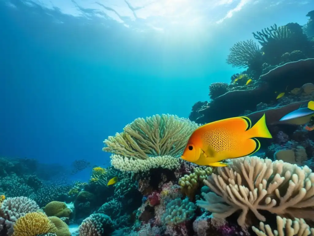 Maravilloso arrecife de coral lleno de vida marina, destacando la biodiversidad marina y el impacto de los cruceros