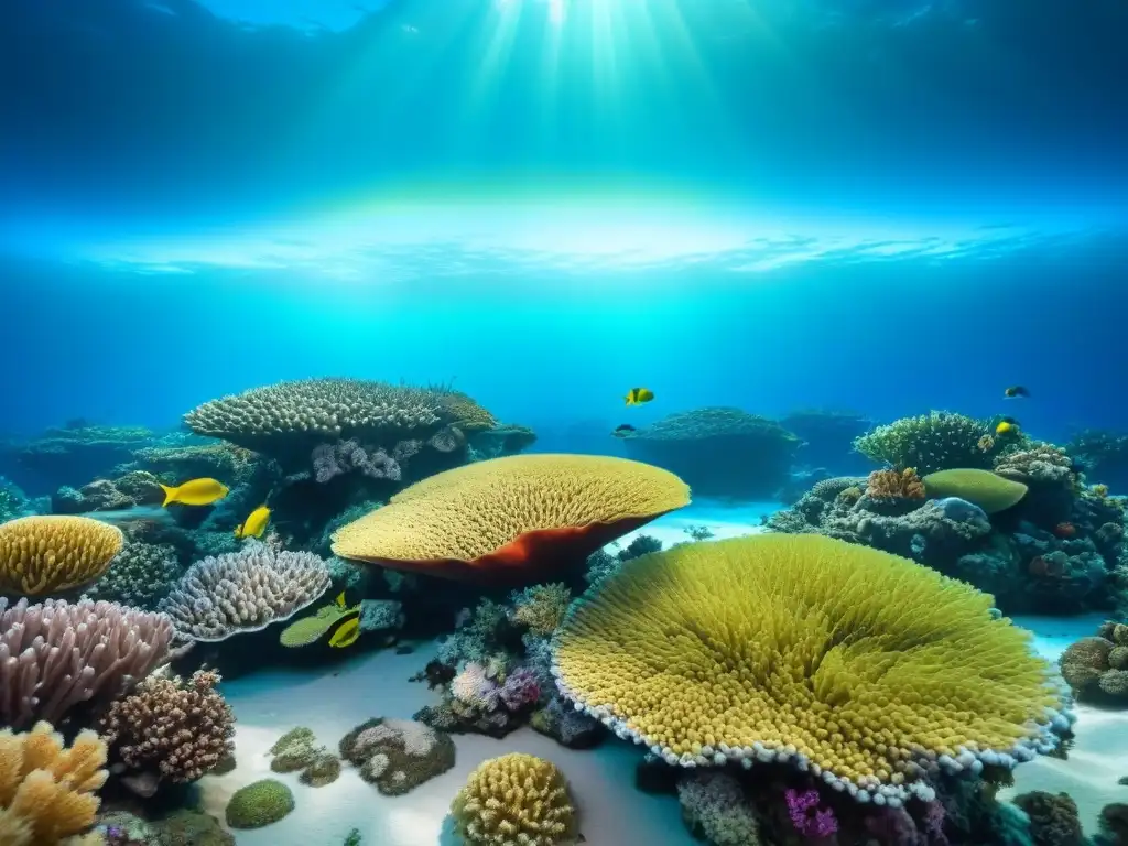 Maravilloso arrecife de coral lleno de vida marina, resaltando la importancia de los cruceros ecológicos en la conservación de estos ecosistemas frágiles