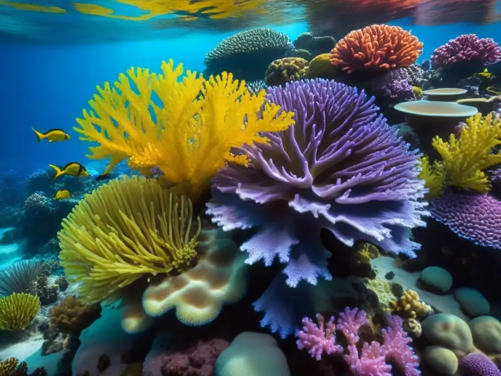 Maravilloso arrecife de coral con vida marina en tonos rojos, naranjas, amarillos y morados