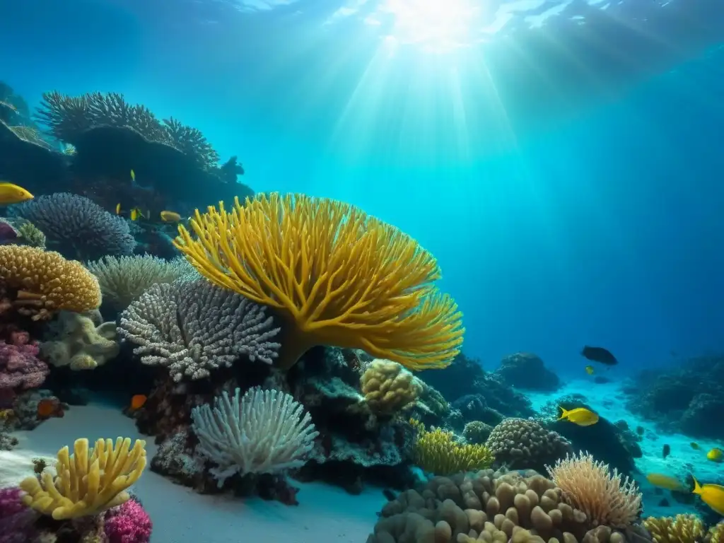 Maravilloso arrecife de coral vibrante con vida marina diversa, peces coloridos y formaciones de coral, bajo el agua cristalina