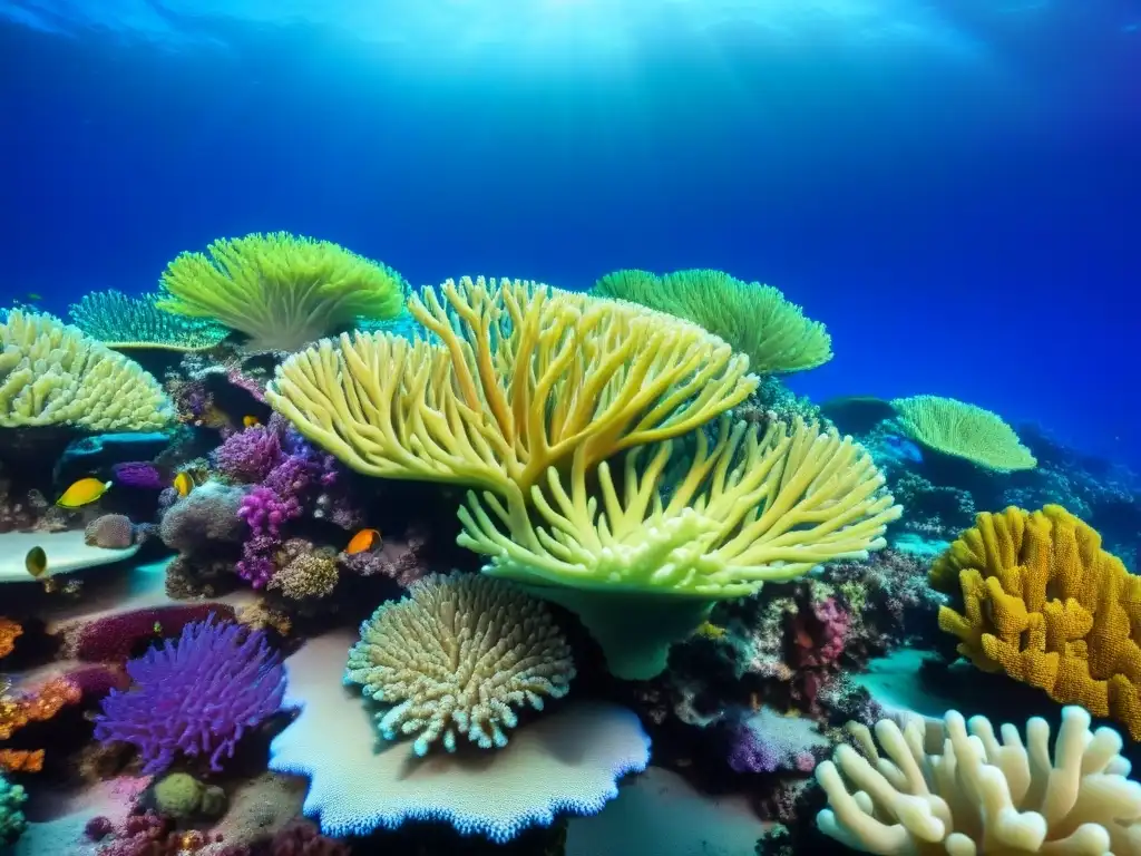 Maravilloso ecosistema de arrecife de coral con corales vibrantes en tonos púrpura, naranja y verde, peces y luz solar filtrada