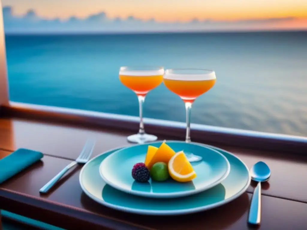 Maridaje de comida y cócteles en un crucero con vista al mar al atardecer