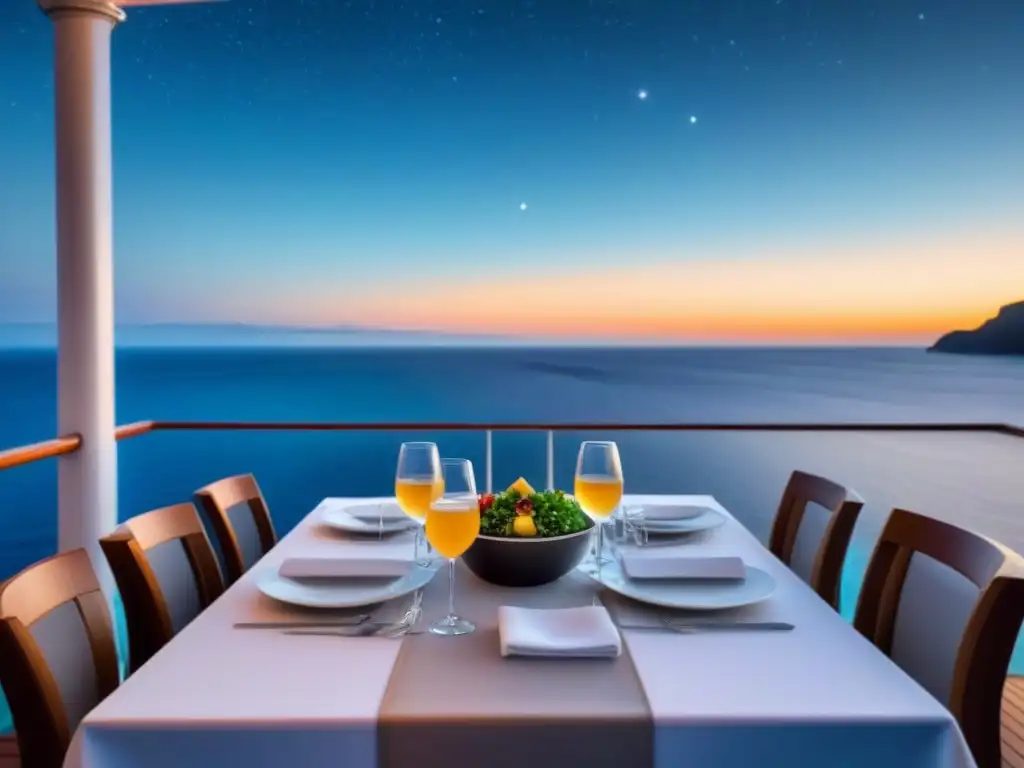 Maridaje de comida y cócteles en crucero bajo las estrellas, mesa elegante en cubierta