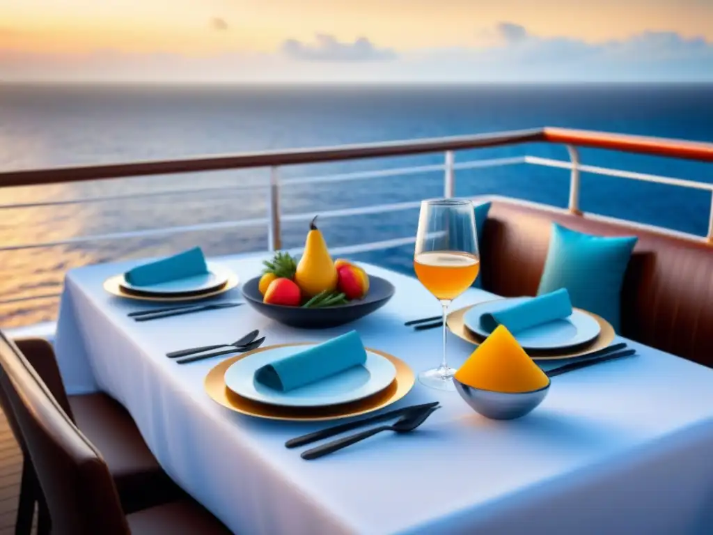 Maridaje de comida y cócteles en elegante mesa de crucero al atardecer en alta mar