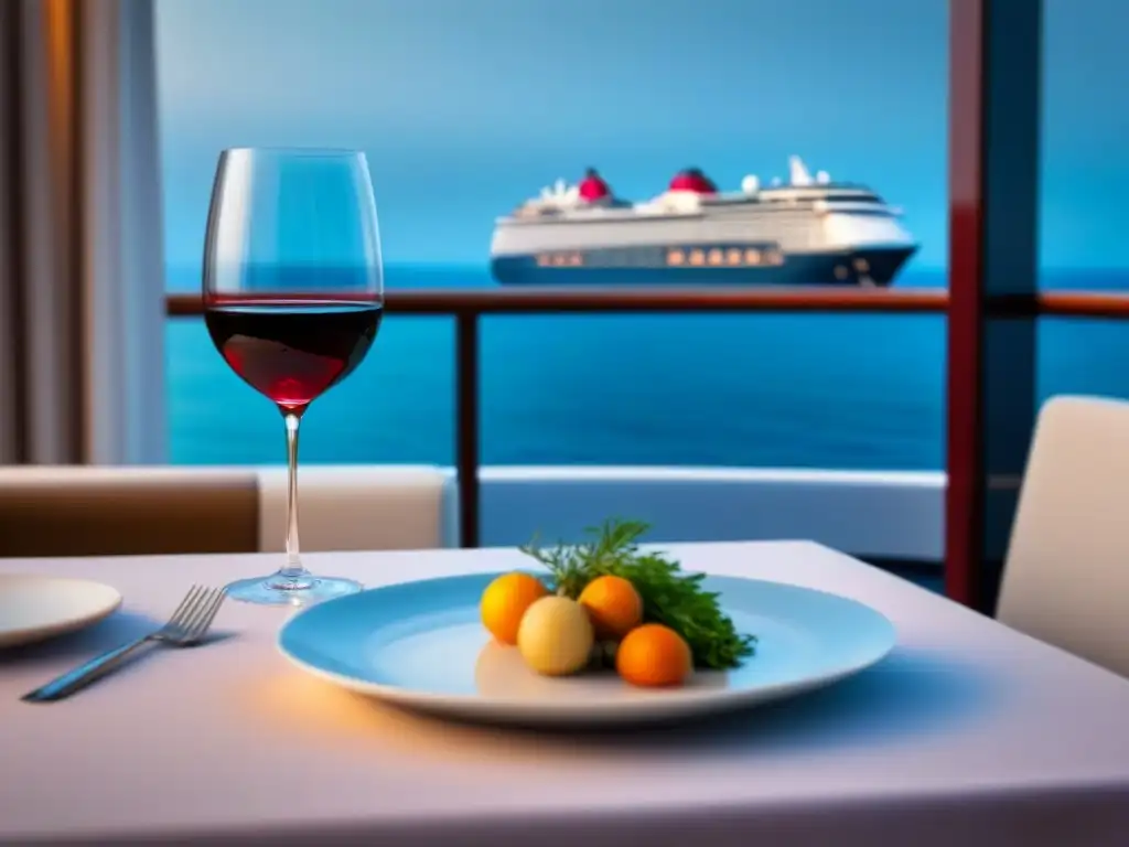 Maridaje perfecto: copa de vino tinto y plato internacional en crucero de lujo