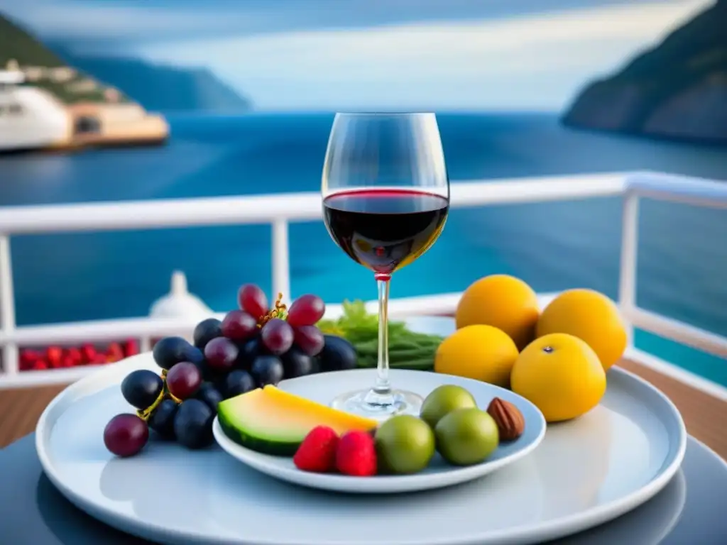 Maridaje de vinos y comidas saludables en crucero frente al mar