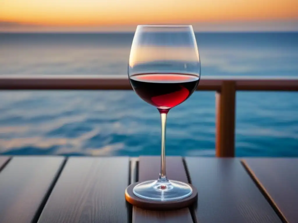 Maridajes vinos cenas crucero: copa de vino tinto en un elegante atardecer sobre el mar, en un lujoso crucero