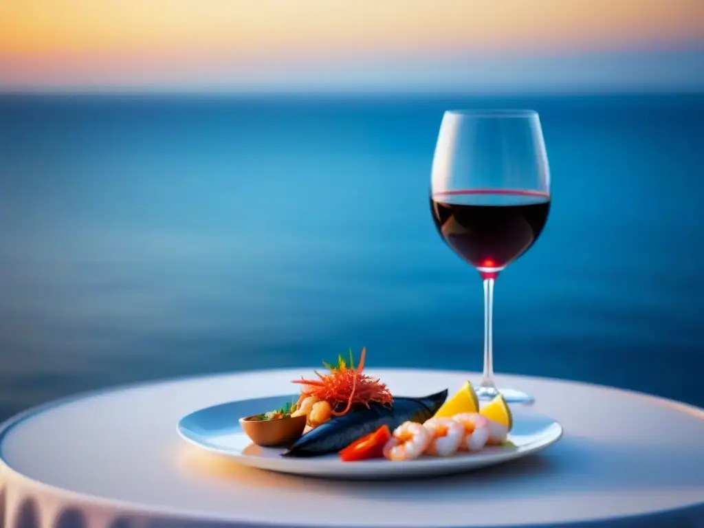 Maridajes de vinos y eventos en cruceros: copa de vino tinto y bandeja de mariscos en un lujoso entorno marítimo al atardecer