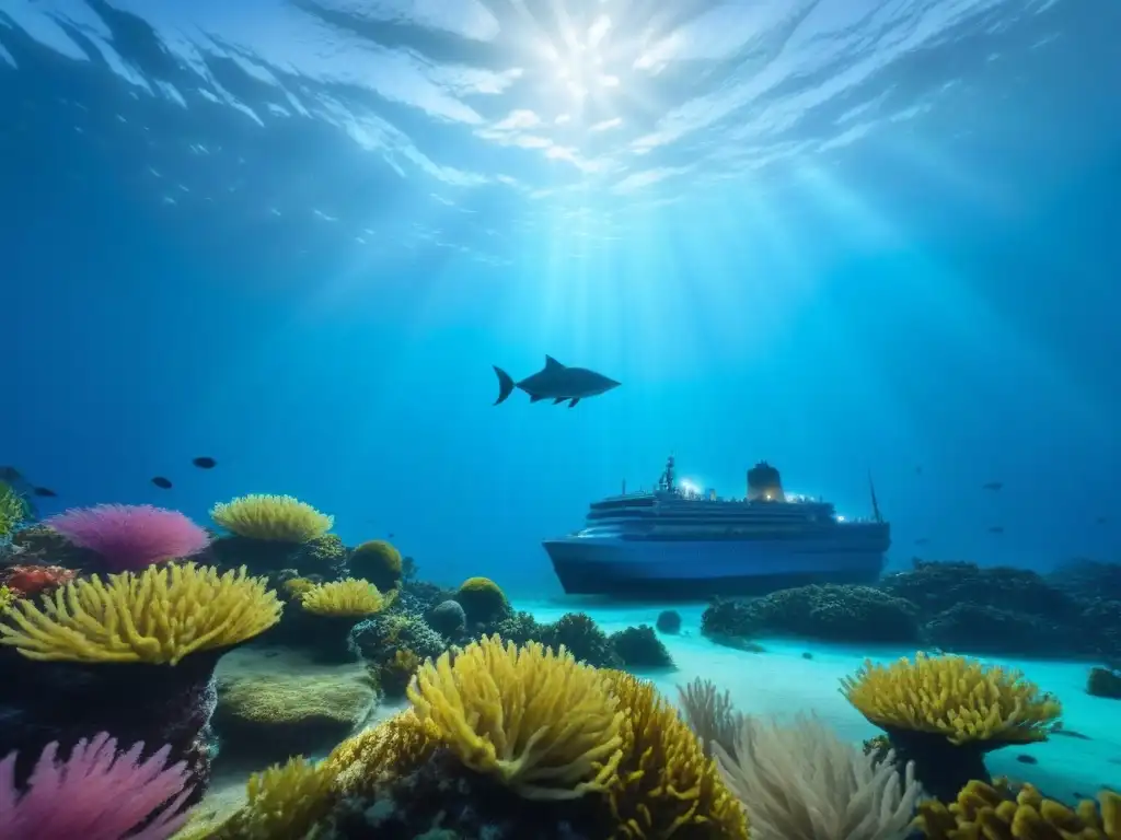 Misterioso naufragio: barco hundido entre peces coloridos Exploración marina: Misterios cruceros perdidos turismo marítimo en un naufragio rodeado de peces coloridos y rayos de sol