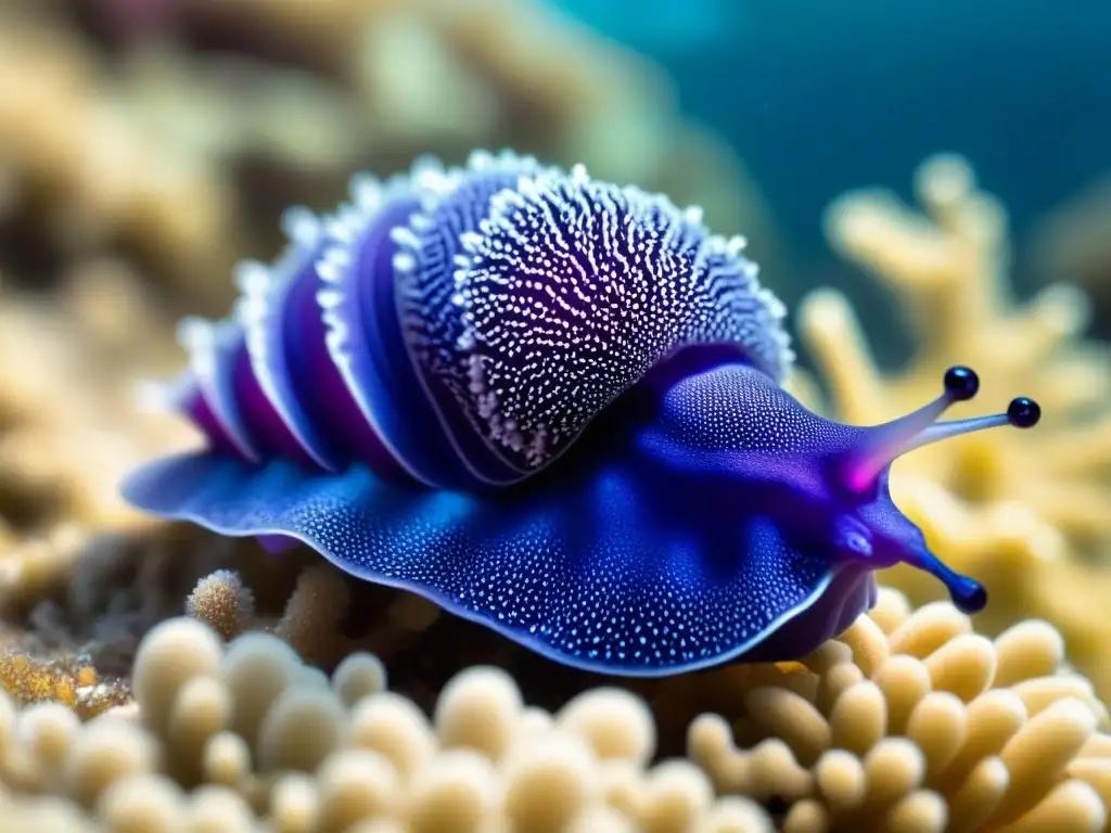 Macrofotografía marina: impresionante babosa marina púrpura en coral iridiscente bajo el agua azul