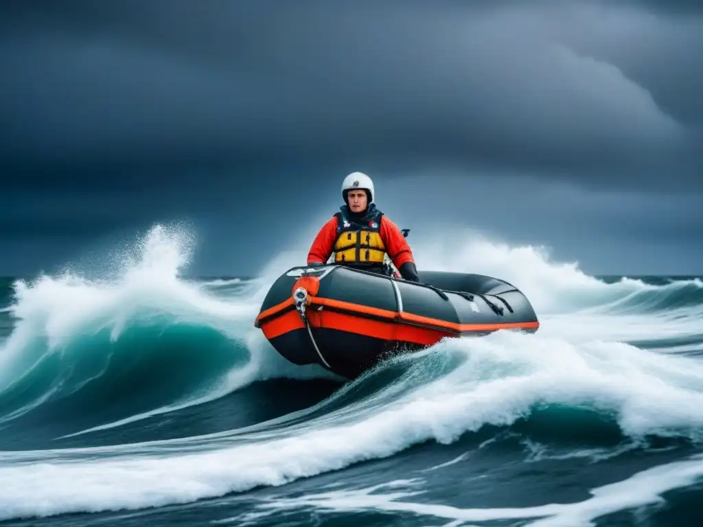 Un marinero solitario luchando contra olas gigantes en un pequeño bote en medio de un mar tormentoso