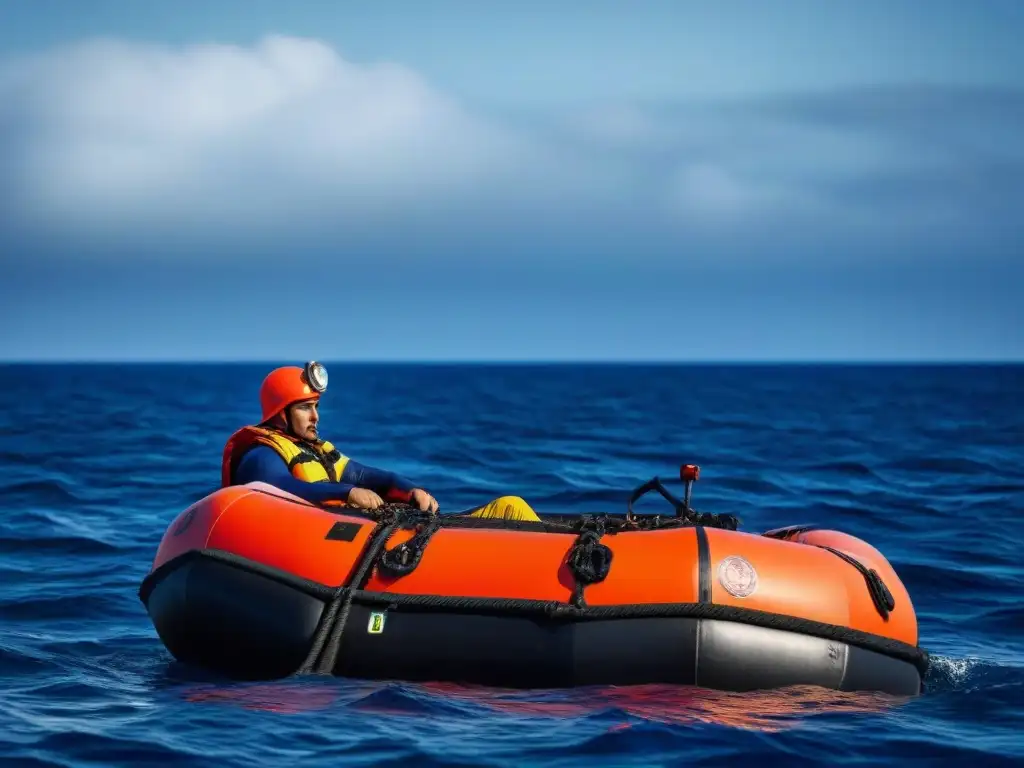 Un marinero en una balsa en el vasto océano, con determinación y preocupación, buscando ayuda