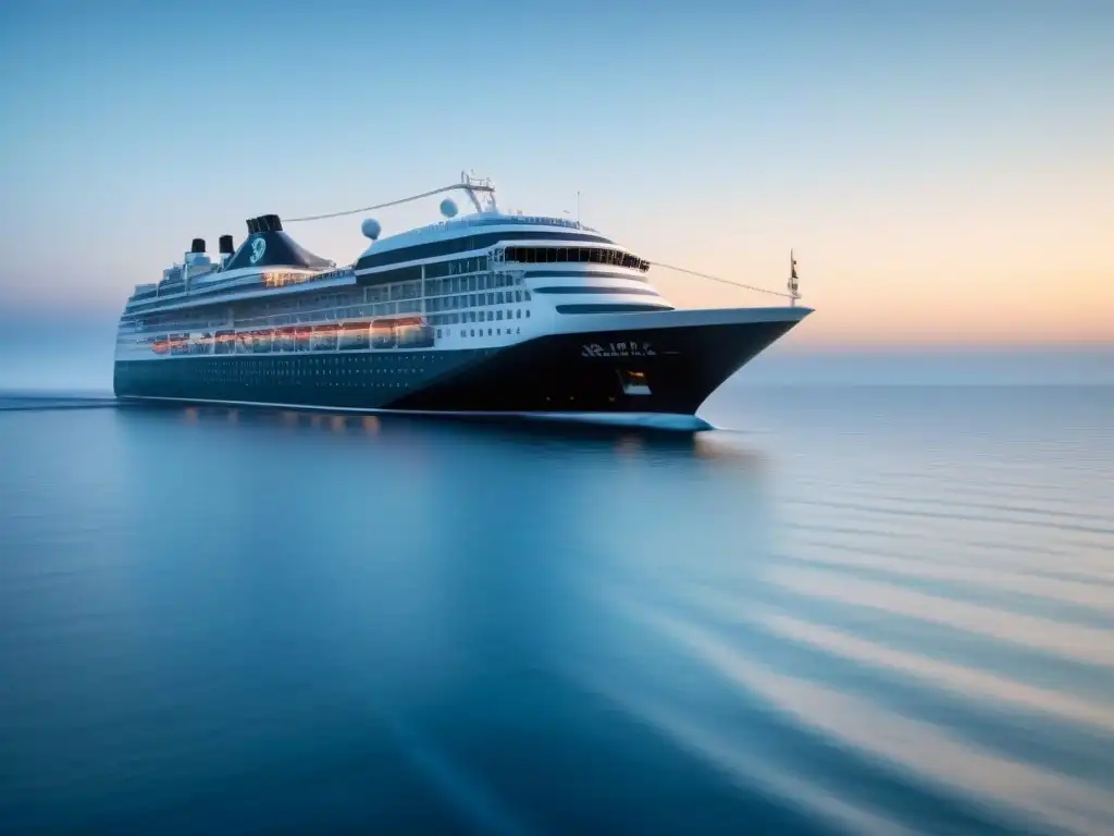 Marketing boca a boca cruceros: Un elegante crucero navegando en aguas tranquilas bajo un cielo azul claro, reflejándose sutilmente en el agua