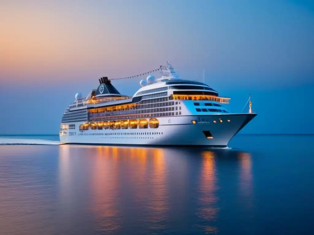 Marketing de contenido cruceros lujo: Crucero de lujo navegando al atardecer en aguas tranquilas, con diseño elegante y sereno