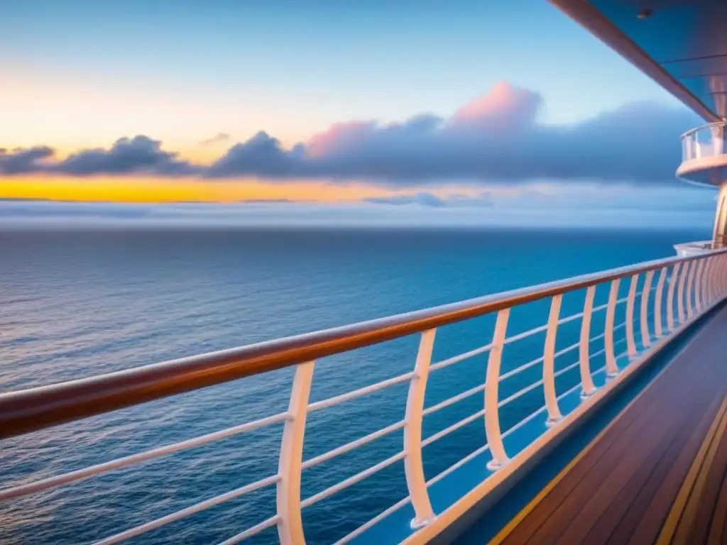 Marketing visual para cruceros: Atardecer dorado sobre el calmado mar desde un lujoso crucero, con nubes esponjosas en el cielo