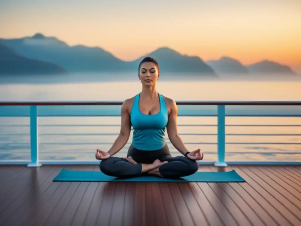 Meditación matutina en crucero marítimo: persona en postura guerrera, armonizando con el sol naciente sobre el océano