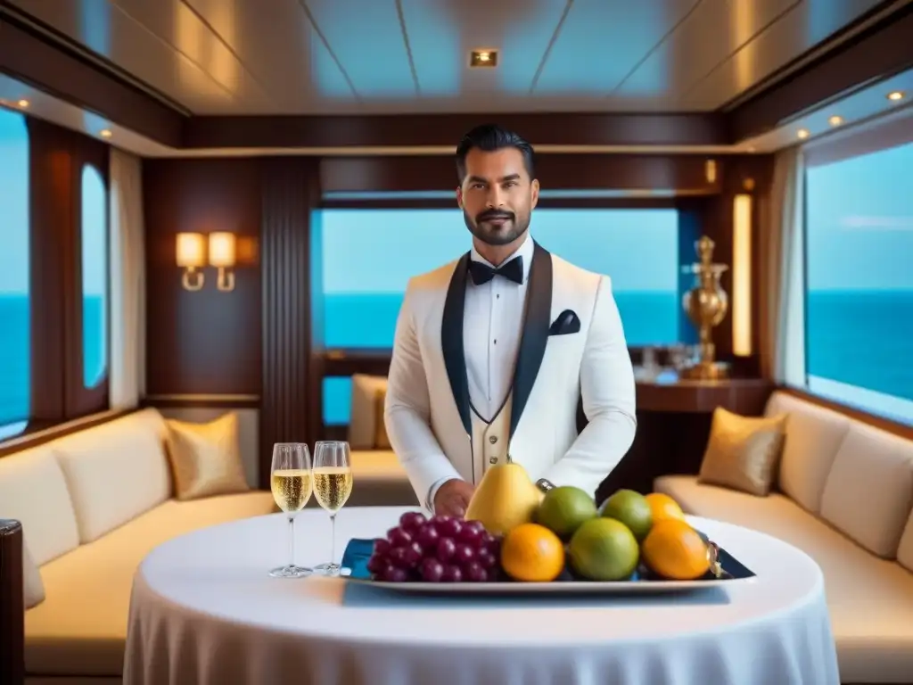 Un mayordomo en crucero de lujo sirviendo champagne y frutas en una suite elegante